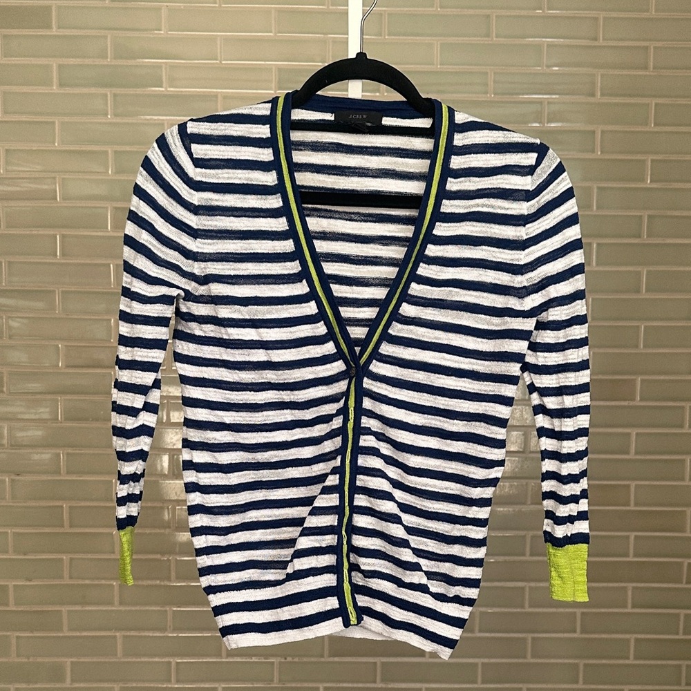 J. Crew Navy and White Striped Cardigan with Green Accents